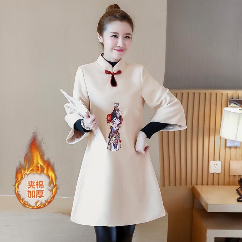 Plus Size Women's 2025 Cotton Coat New Woolen Jacket Dress Tang Suit Chinese Button Retro Hanfu Republic Era Women