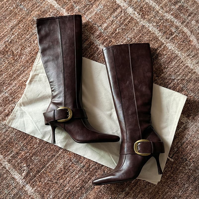 Sheepskin Version~2026 Autumn/Winter New Pointed Toe Vintage Metal Buckle High Boots Women's Slim High Heel Boots