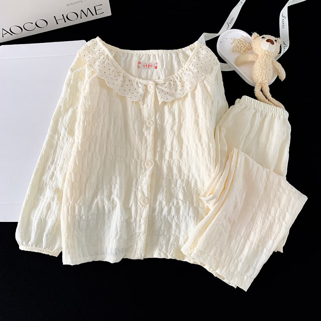 Wannian Grid Cloud Cotton Long-Sleeve Cardigan Cute Cartoon Girls' Pajamas Sweet Lace Kids' Sleepwear Set