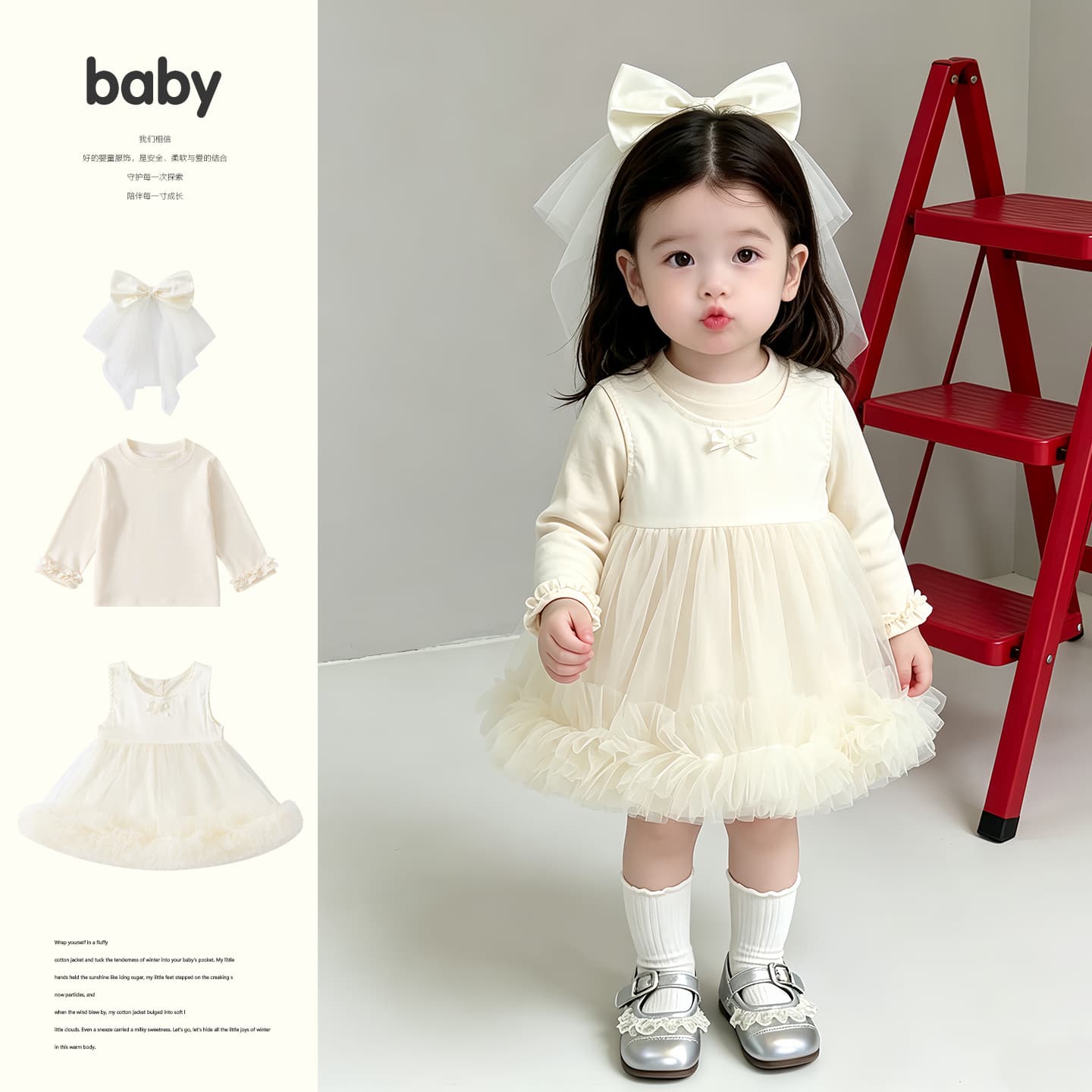 Baby Girl Tulle Bow Hair Accessory Casual Base Layer Top Newborn Autumn Sweet First Birthday Tulle Dress Two-Piece Set