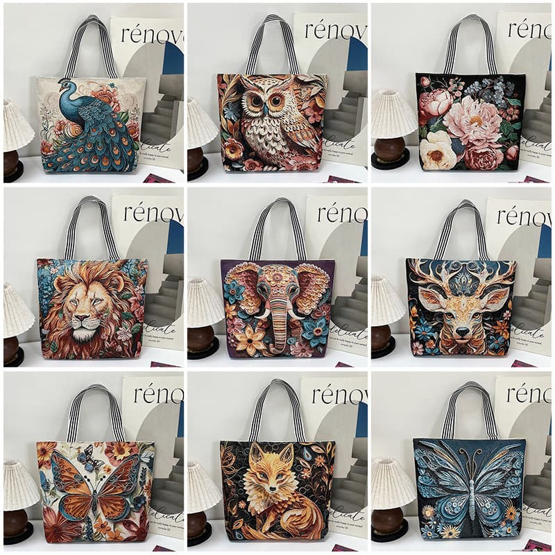 Cross-Border New Fashion Gold Thread Embroidery Women's Bag, Single-Sided Animal Print Shoulder Bag, Large Capacity Ethnic Style Commuter Handbag