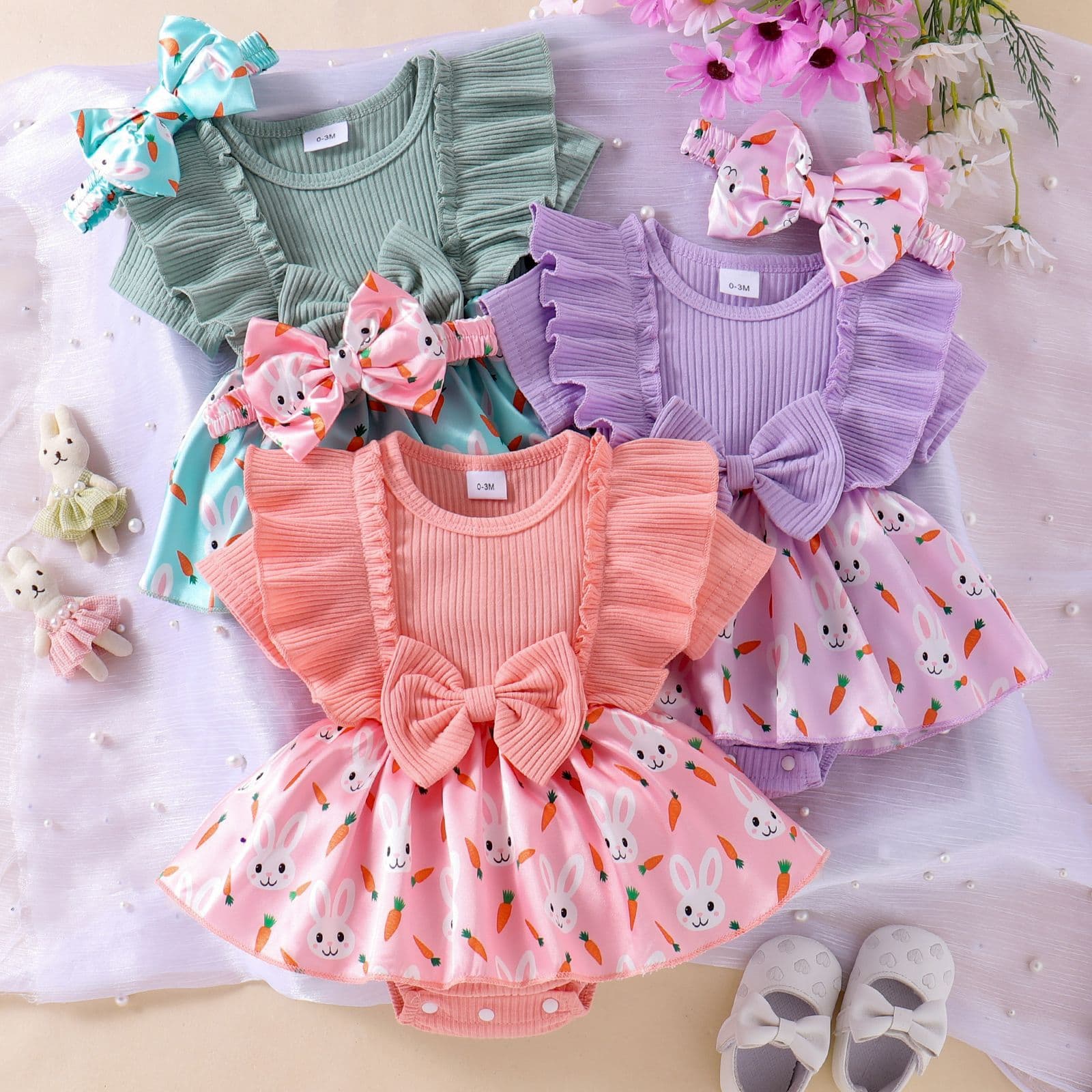 Amazon Cross-Border New European and American Summer Baby Pit Strip Flying Sleeve Rabbit Print Climbing Wear Hair Band Two-Piece Set