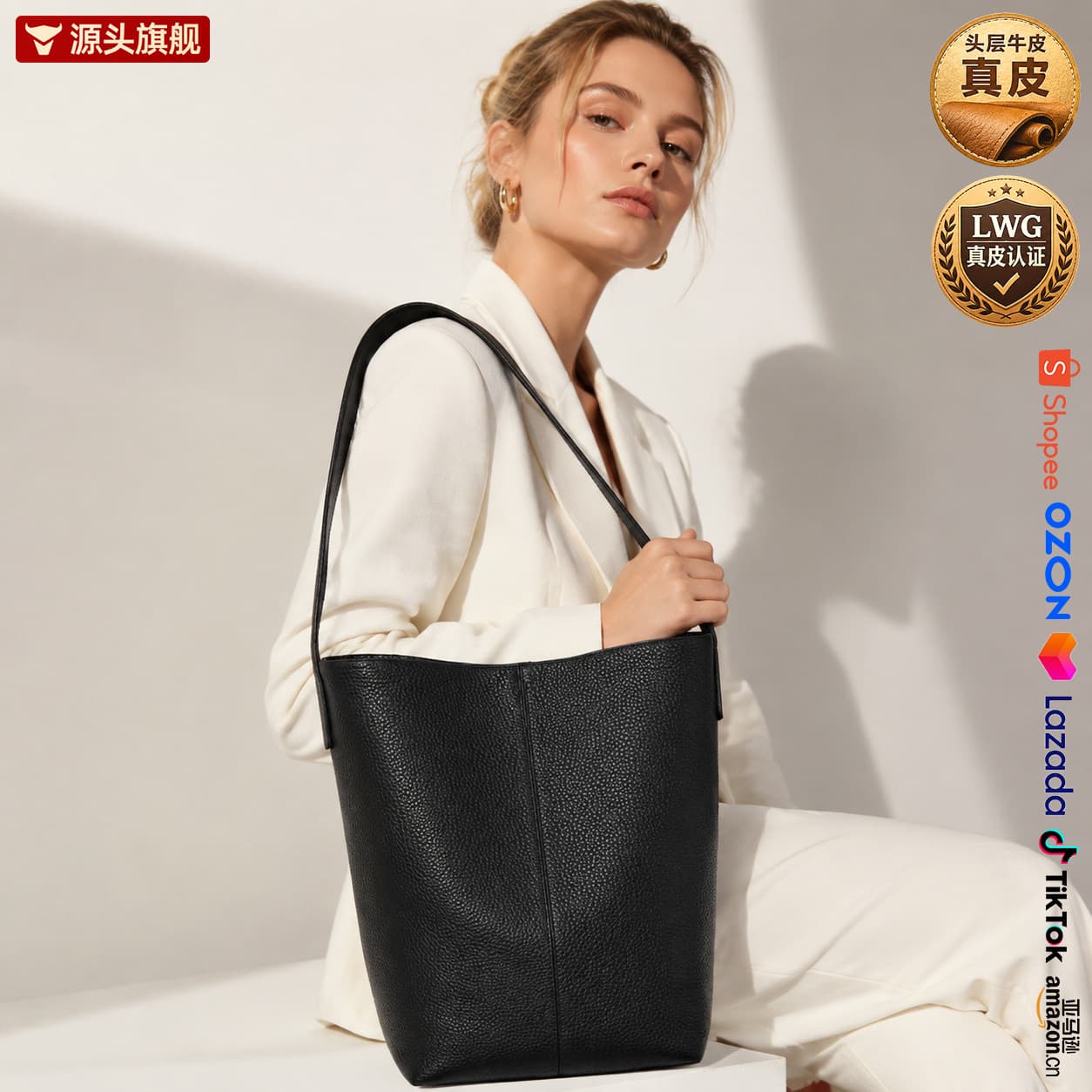 therow bag bucket bag genuine leather first layer Togo cowhide bag women's bag tote bag large capacity single shoulder armpit bag
