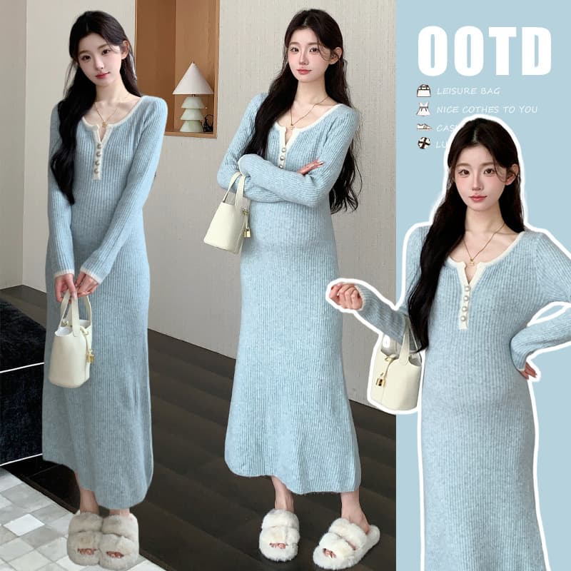 Maternity Wear 2026 Fall/Winter New Korean Fashion Loose Knit Mid-Length Maternity Dress