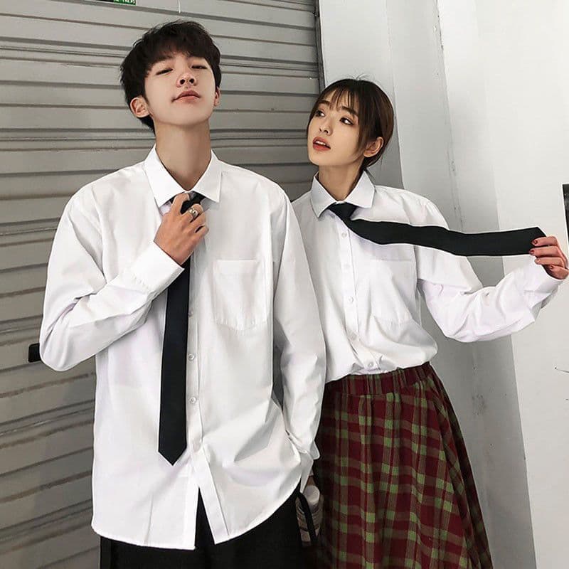 Long Sleeve Pocket Shirt for Men, School Style with Tie, Graduation Class Uniform White Top, Student Couple Outfit