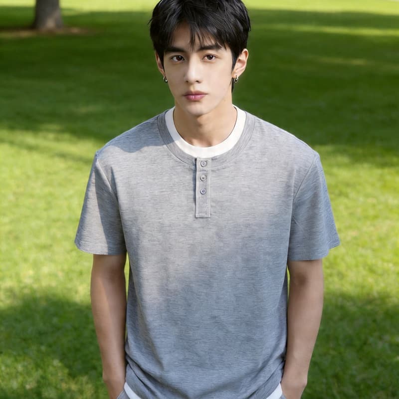 MUTIAN Luxury Faux Two-Layer Henley Neck Short Sleeve 2026 Summer New Fashionable T-Shirt with Washed Distressed Finish
