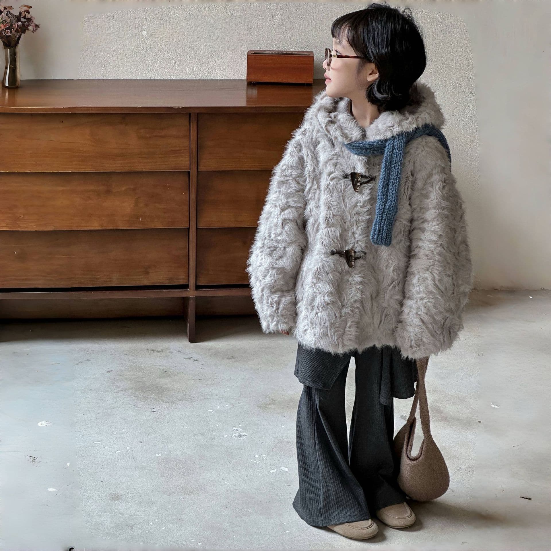 2025 Children's Fox and Sheep Faux Fur Coat, Winter Thickened Loose Girls' Shearling Coat, Starry Night Dark Gray