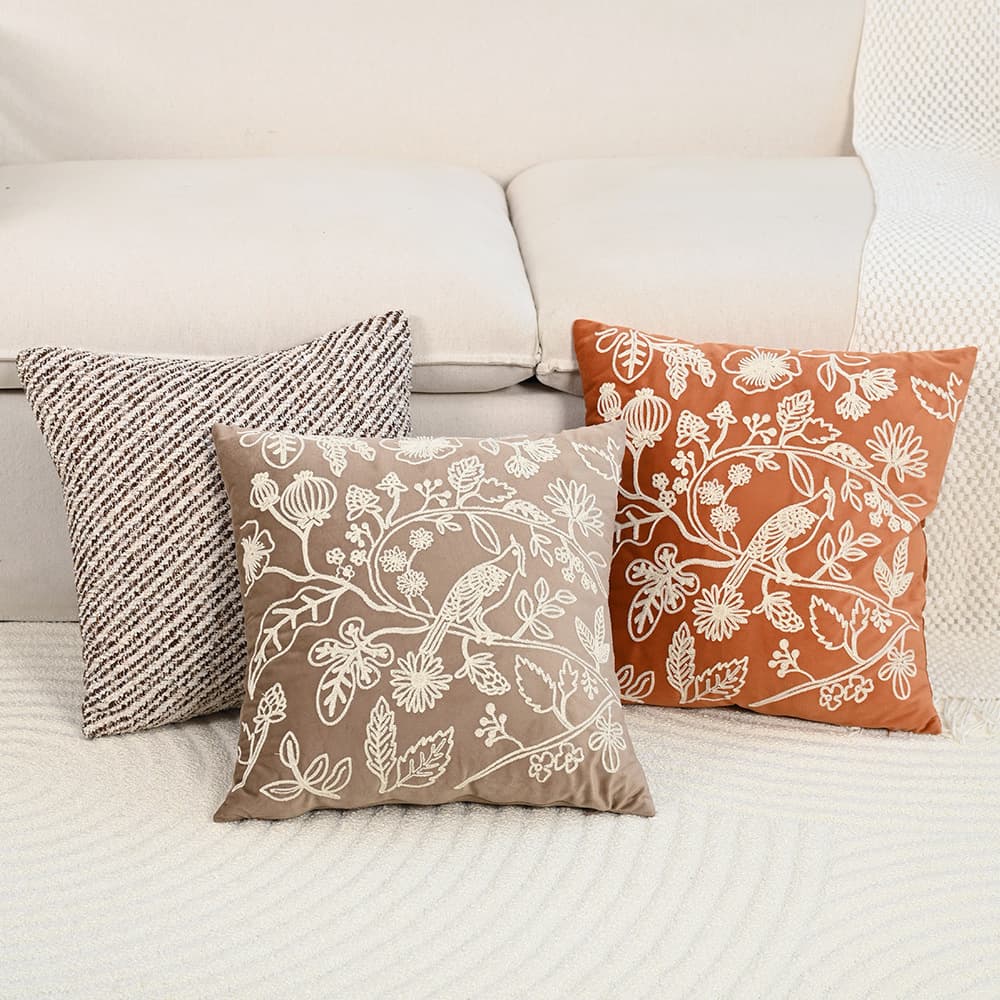 Cross-border Nordic Ins Chain Embroidery Jacquard Throw Pillow Cover, Floral Bird Twill Cushion Cover for Living Room Sofa Home Fabric Decoration