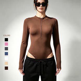 Summer Sports Ribbed Long Sleeve Zip Jumpsuit Women's Bodysuit Base Layer Outerwear Cross-border Amazon Europe America Export