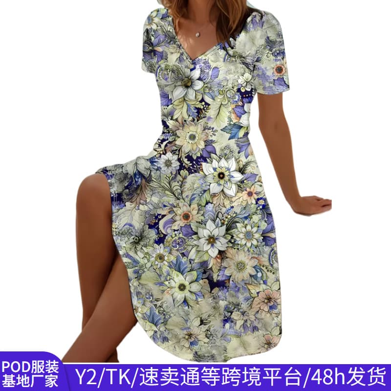Summer New Retro Women's V-Neck Dress Sweet Style Floral Print Short-Sleeved Mid-Length Dress Cross-Border