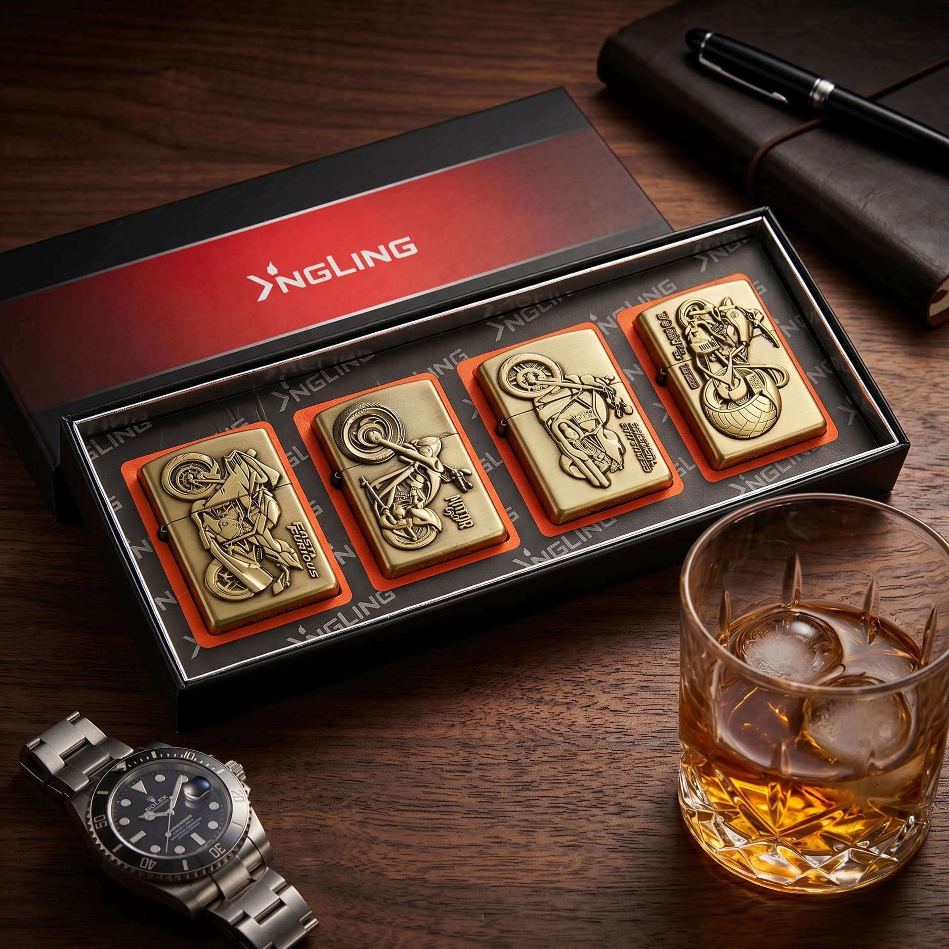 NGLING metal embossed lighter gift box set, windproof kerosene creative gift, men's business gift