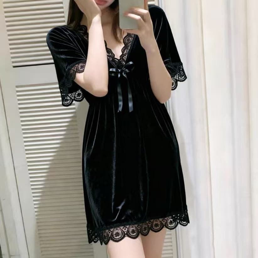 Ice Silk Ribbed Pajamas, Feminine Lace V-Neck Bow Short-Sleeve Dress, Pure Desire Dress, Thin Home Wear