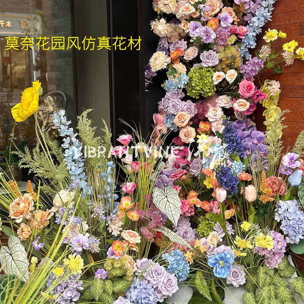 Monet Garden Oil Painting Style Artificial Flower Scene Arrangement French Outdoor Wedding Floral Window Display Decoration Faux Flowers