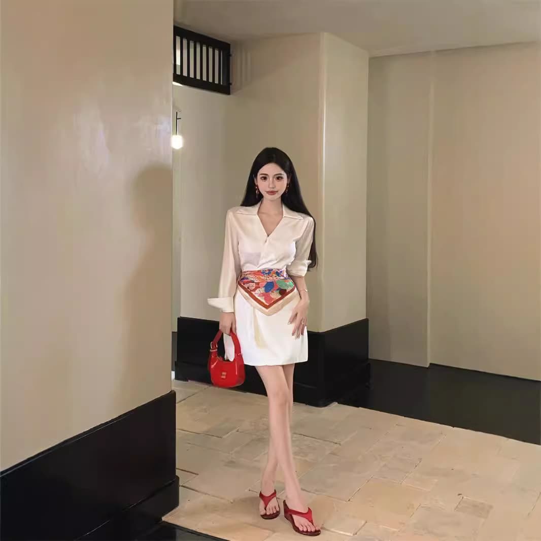 First Love Elegant Design High-Waist Tie-Belt French Shirtdress Versatile Chic Short Dress Sweet Slimming Fit