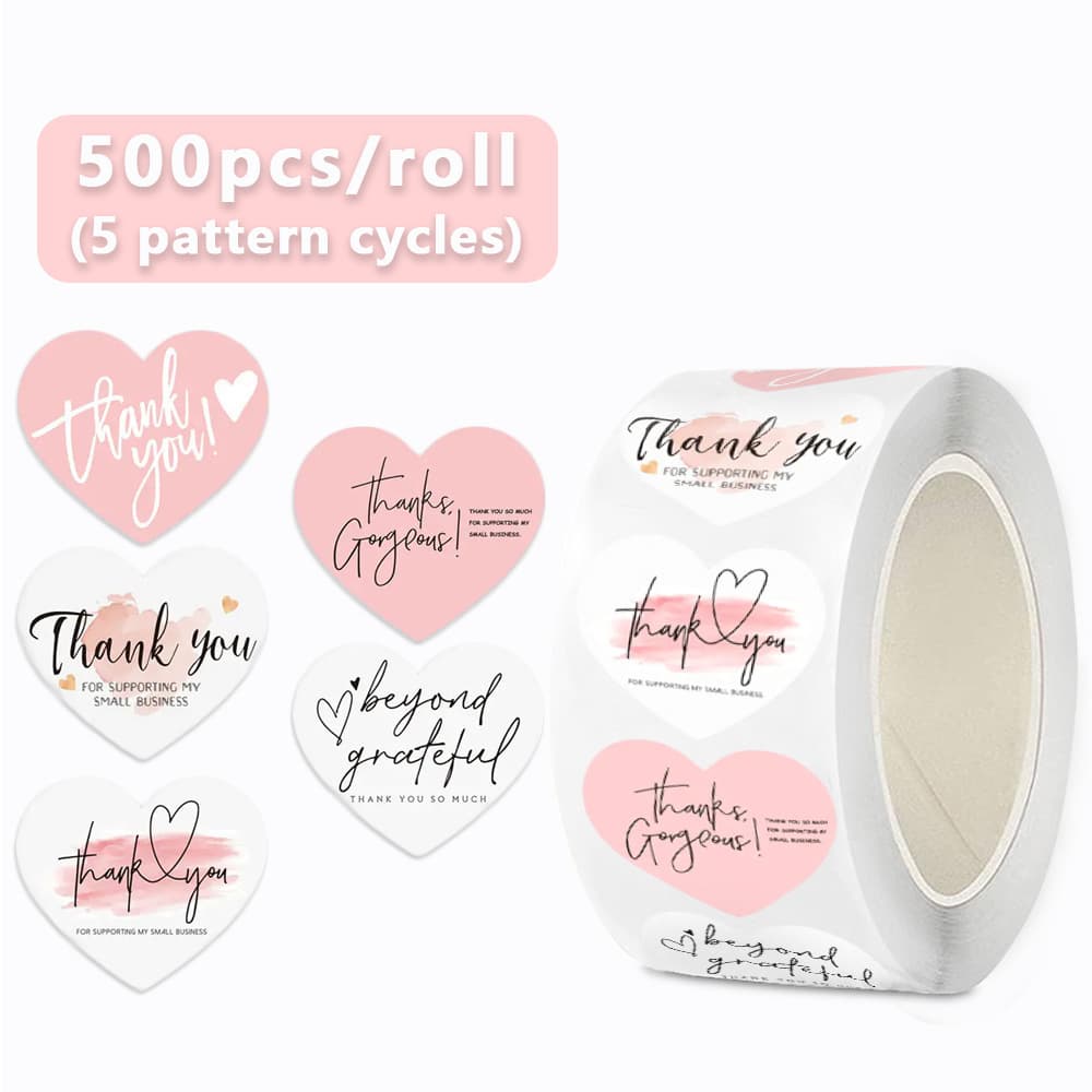 500 Labels/Roll Heart-Shaped Thank You Stickers Pink Heart Decorative Sealing Envelopes Wedding Decoration Labels Hot Sale Wholesale