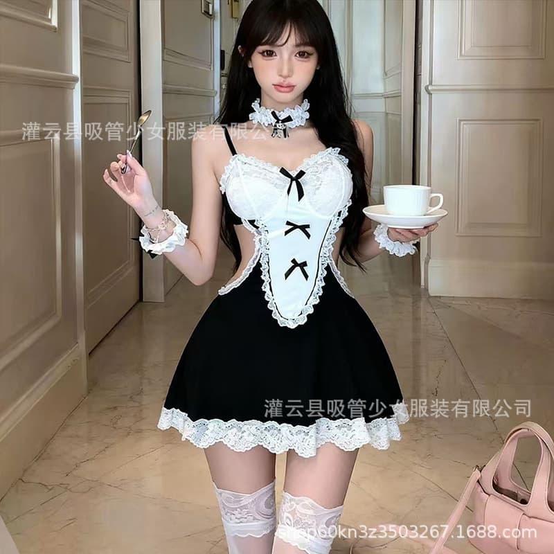 Straw Girl Sexy Camisole Lace Waist Revealing Sweet Maid Costume Lingerie Bow 2484