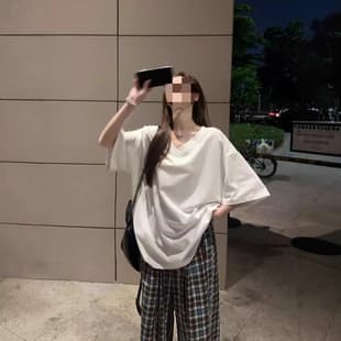 Plus Size Women's White Lazy Style T-Shirt Summer Loose Cover Belly V-Neck Short-Sleeve Top Casual Tee