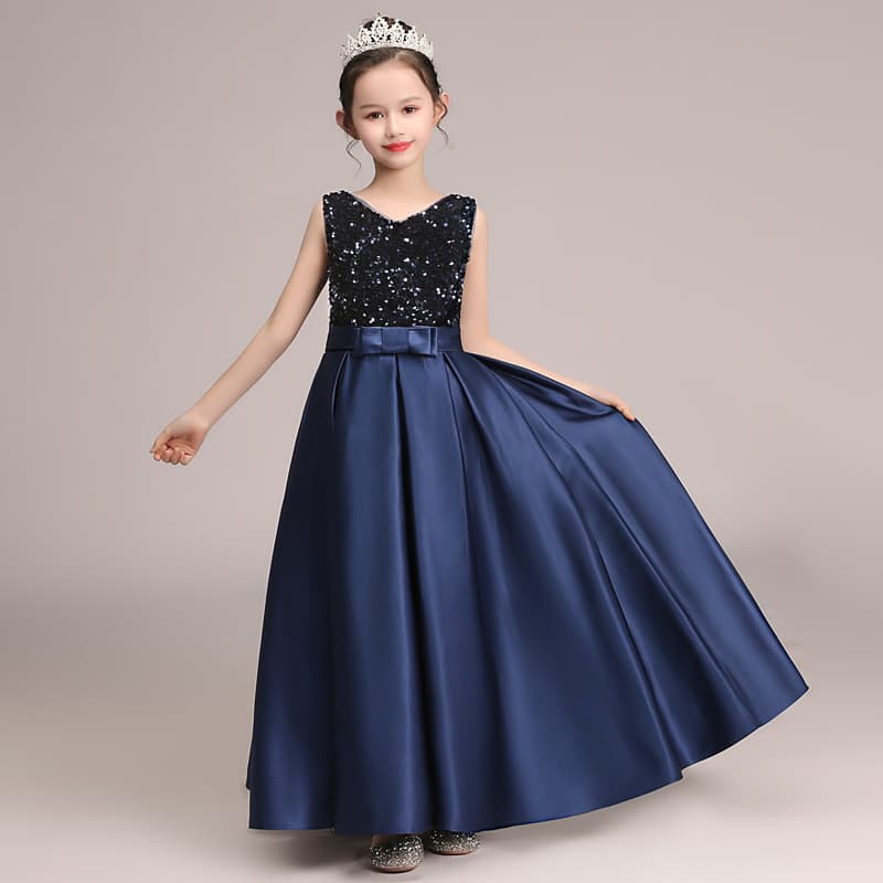 Children's Summer Formal Dress Dark Blue Piano Performance Girls' Host Performance Outfit V-Neck Girls Sequin Performance Princess Dress