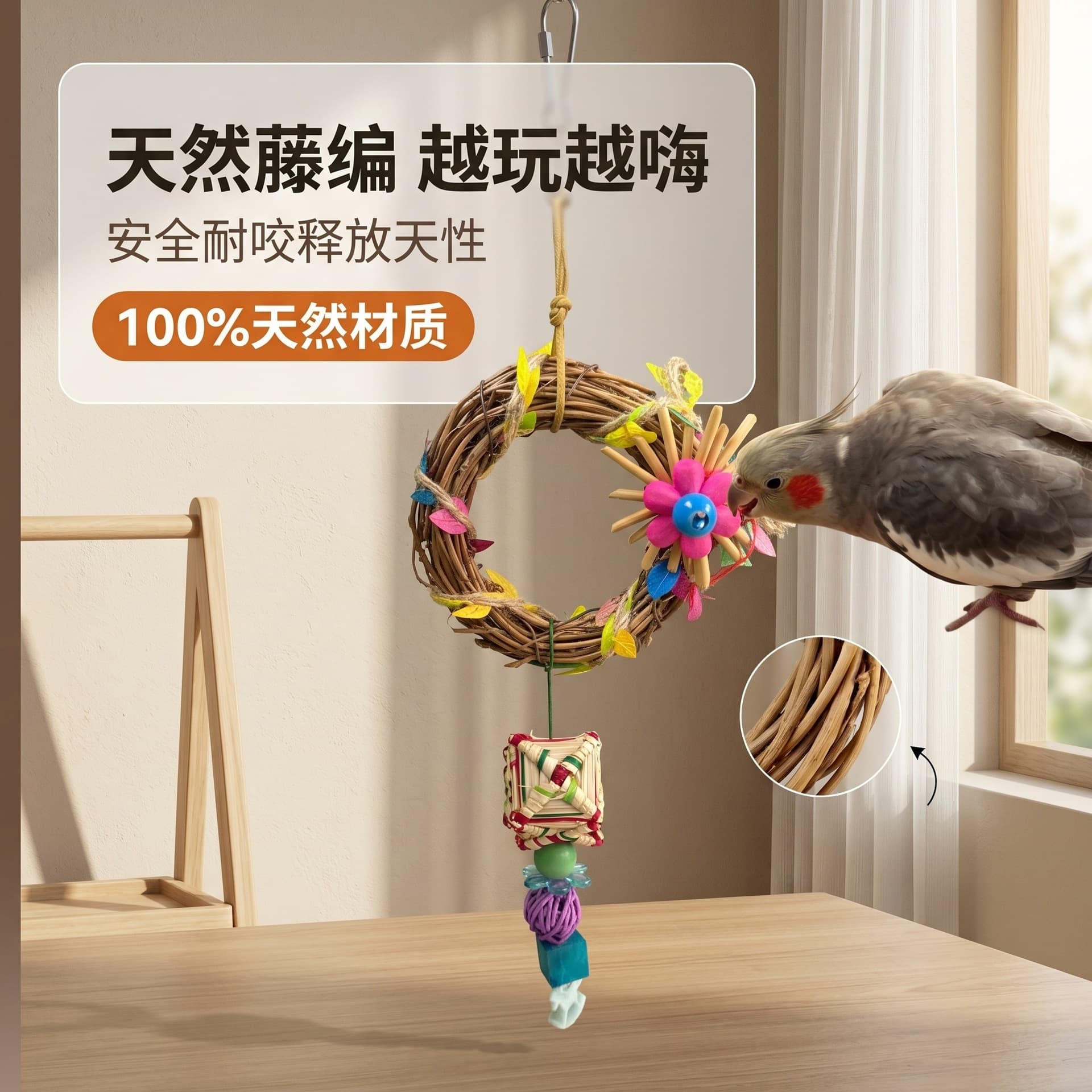Tiger-skinned black phoenix and peony parrot chewing toy, flower vine circle, bird pet relief toy, birdcage accessories, parrot toy