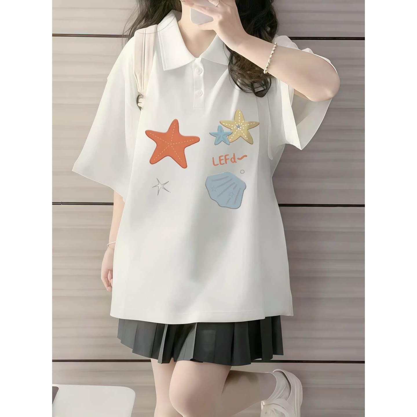 Huge good-looking short-sleeved T-shirt for junior high school students, summer wear, 12-year-old, 15-year-old student, high school loose cotton Polo collar top