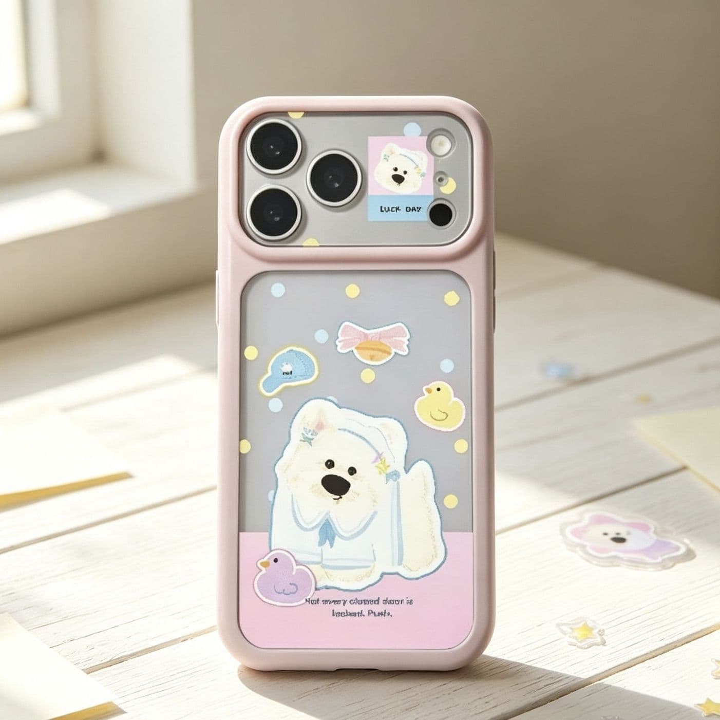 Pink Base White Dog Phone Case for Apple 17 Pro Max, 14, 15, Acrylic, 13, 11, Soft Edge, 12, Starry Sky Case