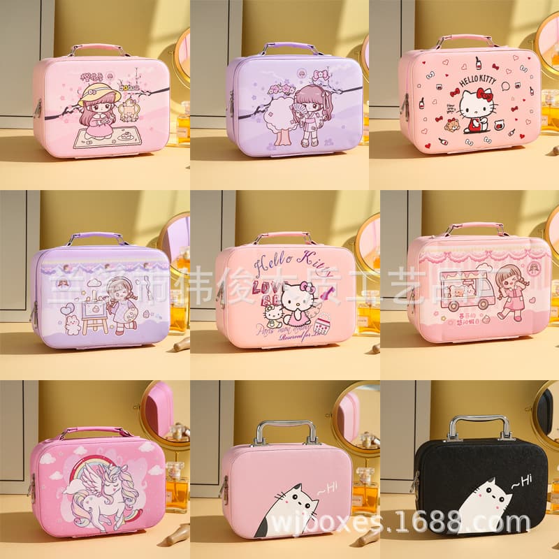 Cute Cartoon Large Capacity Makeup Box PU Leather Desktop Organizer Portable Student Use Waterproof Handheld Cosmetic Case