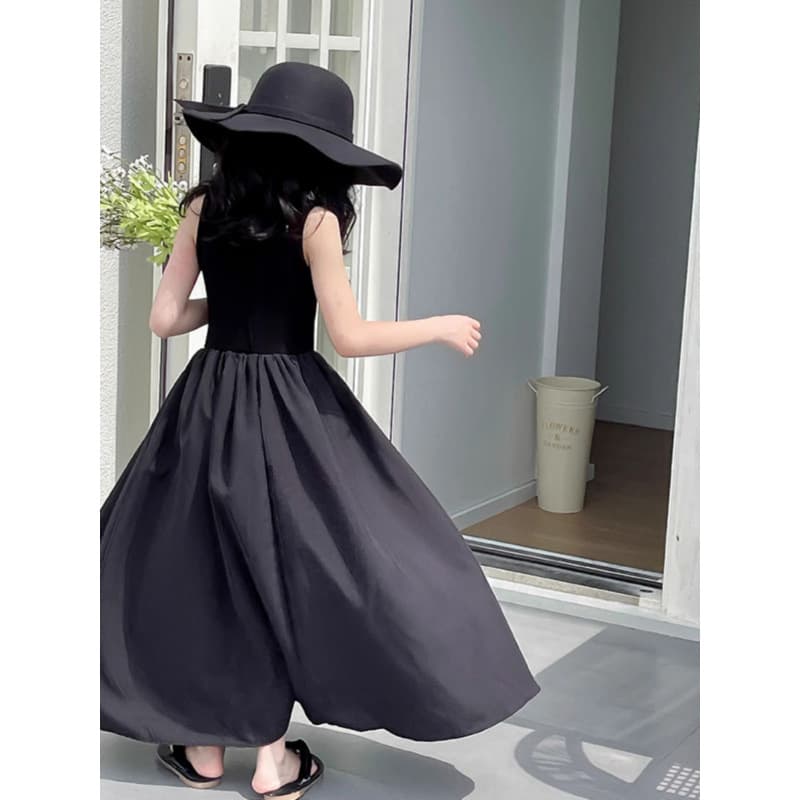 Girls Hepburn Style Sleeveless Vest Dress Black Long Casual Skirt for Ages 8 And Above Polyester Fiber Korean Version Summer Dress