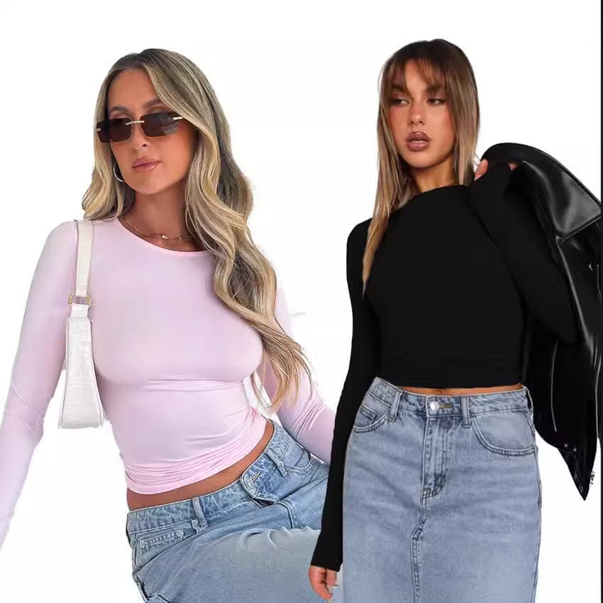 Women's Casual Long-Sleeve T-Shirt, Spring/Autumn Solid Color Slim Fit Pullover, Two-Piece Set Base Layer Top
