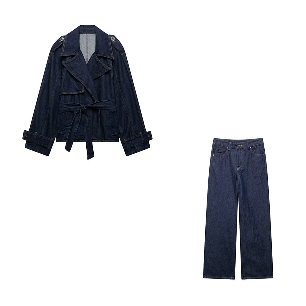 Women's French Blue Belted Short Loose Denim Trench Coat with High-Waist Wide Design for European and American Cross-Border Wholesale