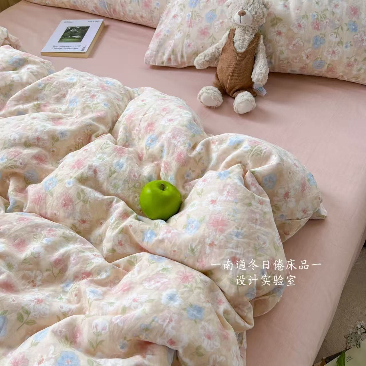 Warm Bedroom! Class A Baby & Mother Grade 100% Cotton Double-Layer Gauze 4-Piece Bedding Set, 100% Cotton Fitted Sheet Duvet Cover Dormitory 3-Piece Set