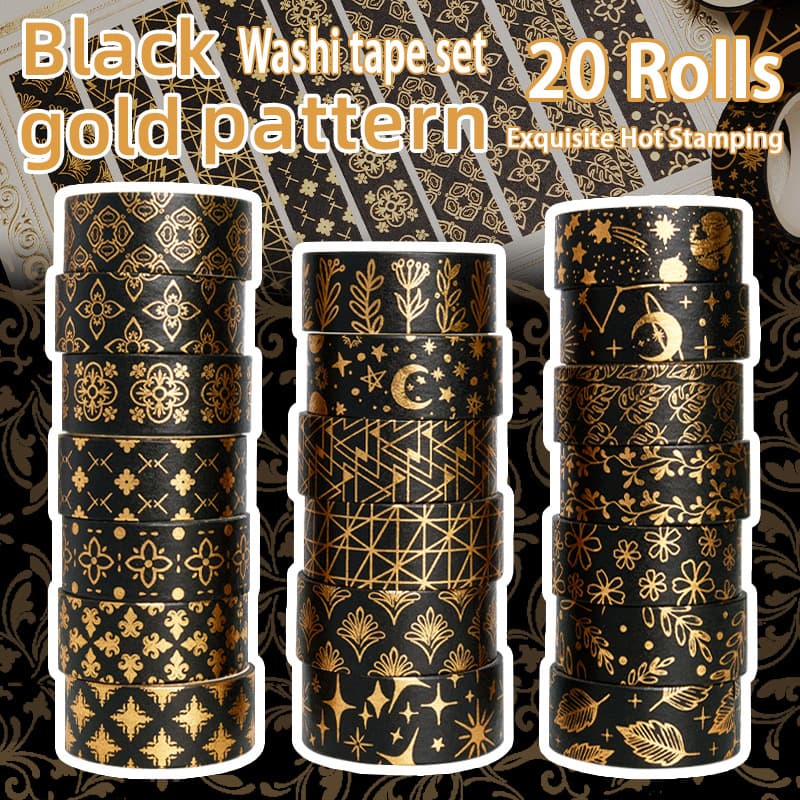 Black Gold Foil Washi Tape Set with Stickers for DIY Journal