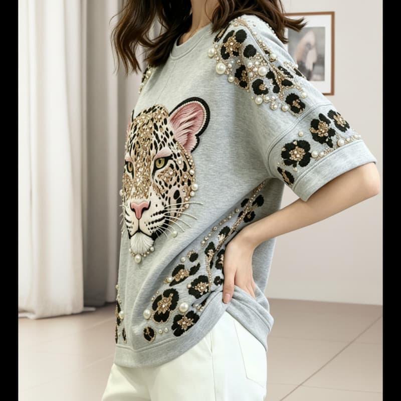 2026 Summer New Casual Heavy Beaded Animal Leopard Print Beaded Round Neck Short Sleeve T-Shirt Women's Designer Top