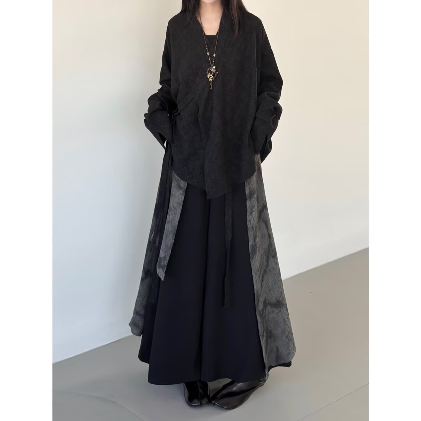 Asymmetric New Chinese-style Taoist Robe Long-sleeve Shirt Wide-leg Pants Retro Double-layer Patchwork Skirt Pants Loose Chinese-style Unisex Pants