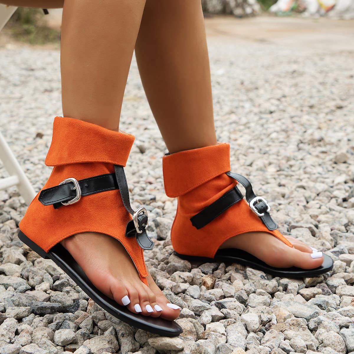 European and American Cross-Border Plus Size Flat Roman Sandals 2024 Women's Buckle Toe New Summer Wholesale Plus Size