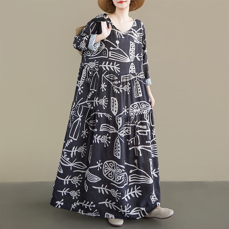 Women's Plus Size Dress 2026 Spring New Round Neck Long Sleeve Linen Cotton Vintage Pleated Middle-aged Mother's Dress Export Style