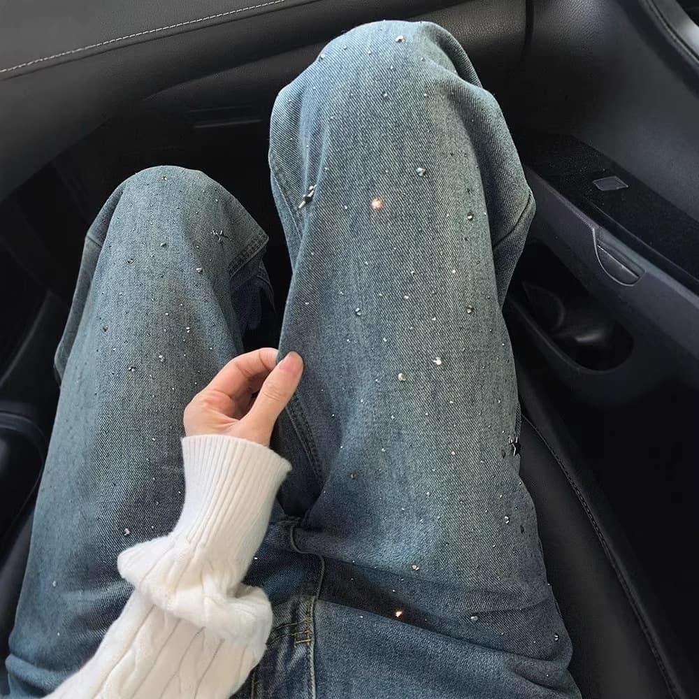 Light Blue Star Rhinestone Jeans for Women New 2026 Spring Loose Fit Slimming High-Waist Straight Wide Leg Pants