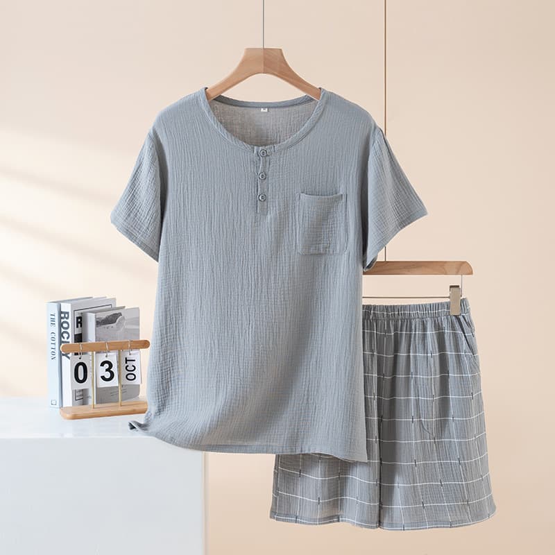 New Summer Men's Cotton Double-Layer Gauze Pajamas, Short Sleeve Short Pants, Cotton Crepe Homewear, Round Neck Pullover Plaid
