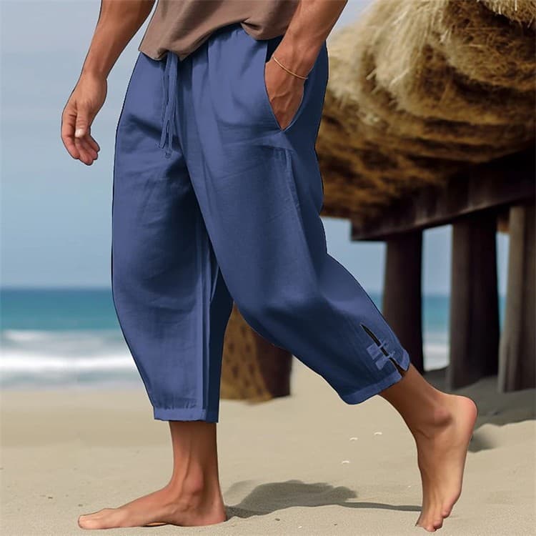 2025 Men's Cotton and Linen Nine-Point Pants Summer Beach Pants Drawstring Small Legs Solid Color Comfortable Breathable Casual Pants