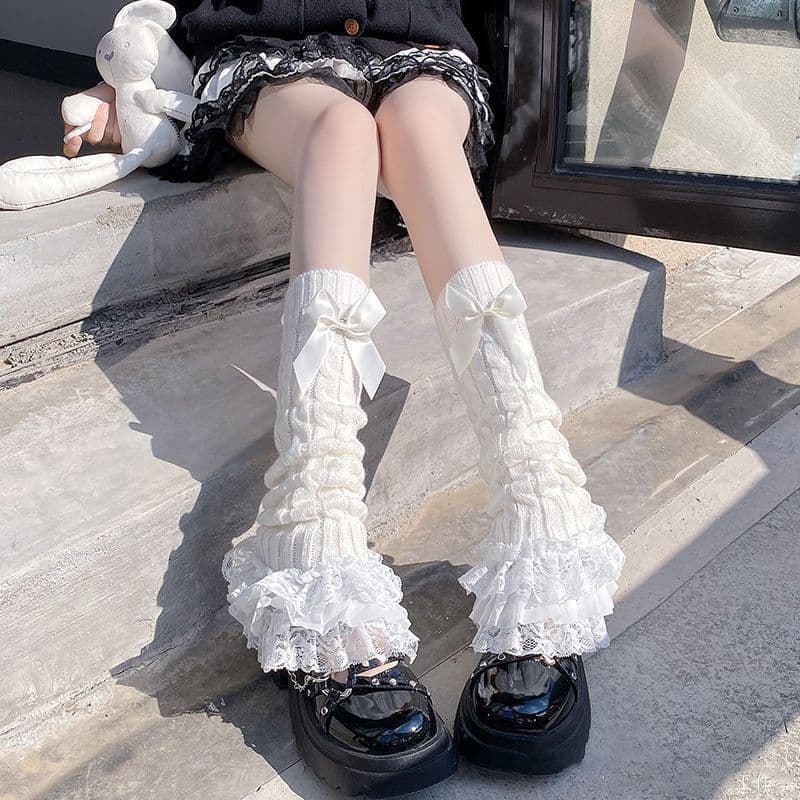 Lolita Lace Trim Calf Socks for Women, Japanese Cute Bow Pile Socks, JK Mid-Calf Slim Leg Sleeves