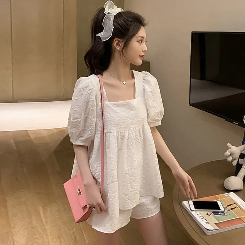 Summer New Foreign Style Maternity Two-Piece Set: Trendy Bubble Sleeve Top with Pregnancy Support Pants