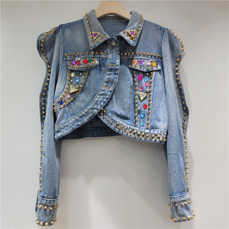 2025 New Unique Rivet Color Diamond Puff Sleeve Denim Jacket Women's Short Loose Long Sleeve Jacket Top