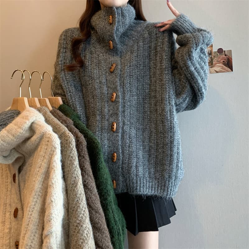 Large Size Loose Lazy Style Toggle Button Cardigan High Neck Maternity Sweater Women Autumn Winter Soft Maternity Top