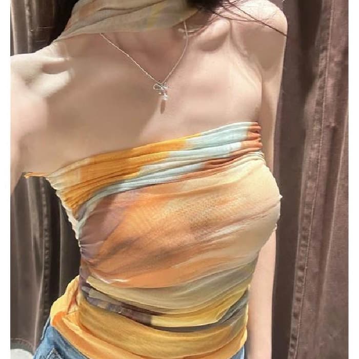 Spring/Summer New European and American Style Sexy Pure Desire One-Shoulder Wrap Halter Top with Print, Niche Design Silk Net Top for Women