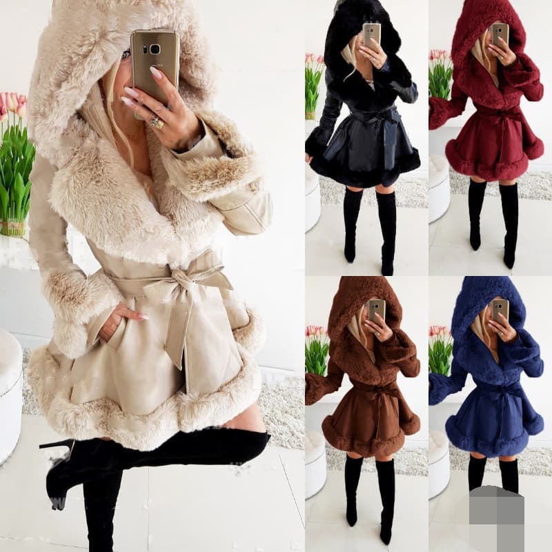 2023 New Women's Long Sleeve Warm Solid Color Tie Belt Little Fragrance Style Fur Patchwork Ruffle Hooded Coat