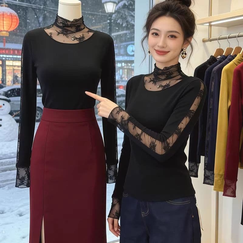 Simple Half-Turtleneck Fashion Lace Patch Long-Sleeve T-Shirt for Women 2026 Autumn/Winter New Slim Fit Layering Top