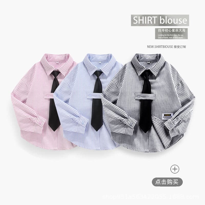 2024 New Spring/Autumn Long Sleeve Shirt for Boys, Blue Tie Style Handsome Girls' Top, Versatile Blue Trendy Korean