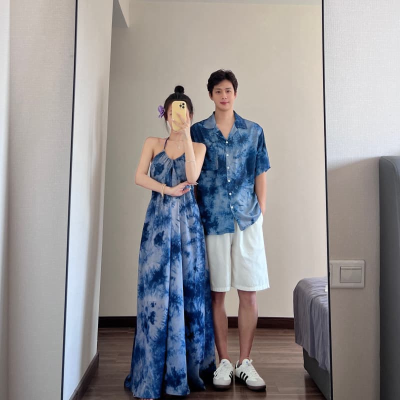 Couple Outfit Summer French Design Blue Tie-Dye Strapless Dress Vacation Style Beach Sand Dress Trendy