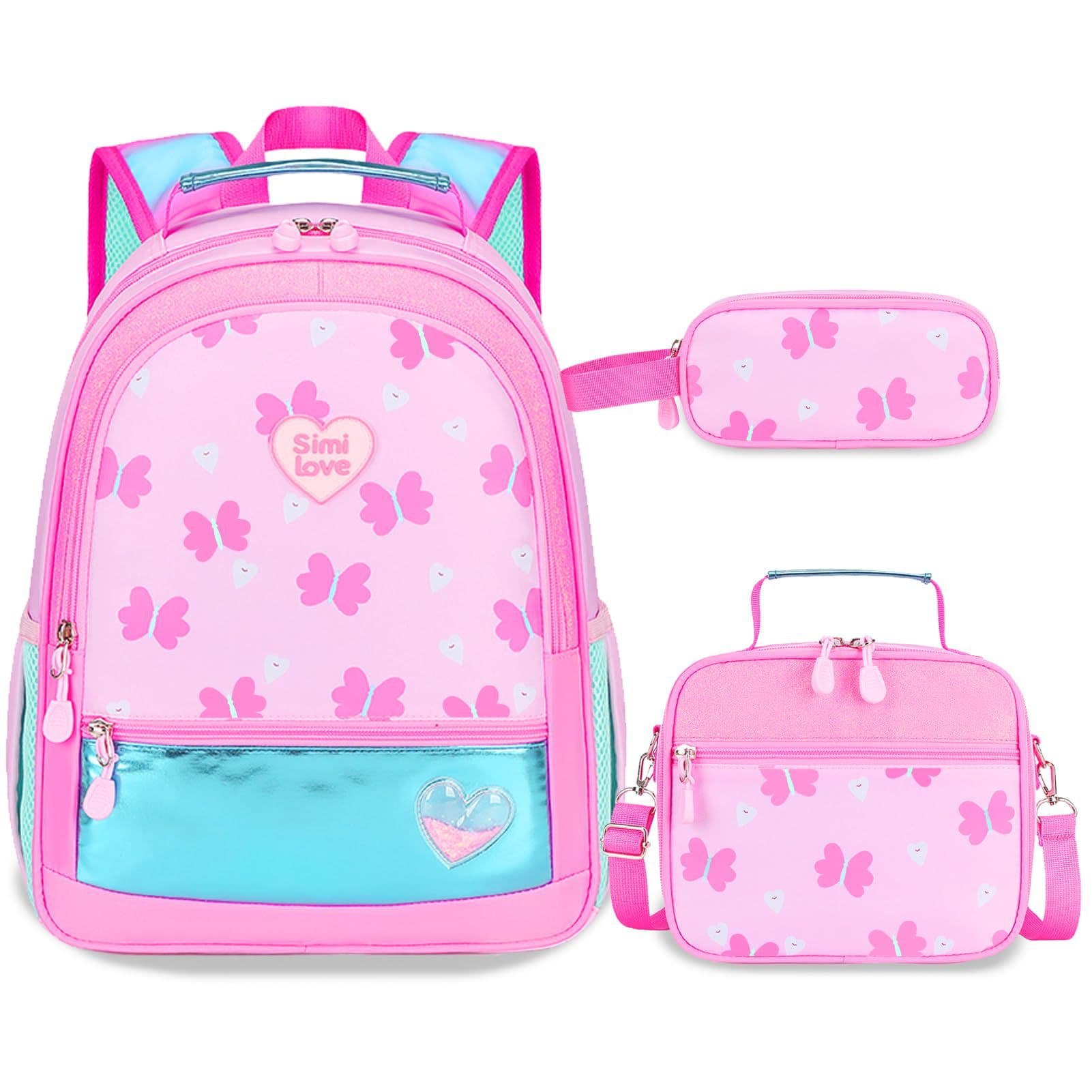 Girls Pink Butterfly Quicksand Backpack 3-Piece Set, Spine Protection Primary School Student Backpack Combo for Grades 1-6
