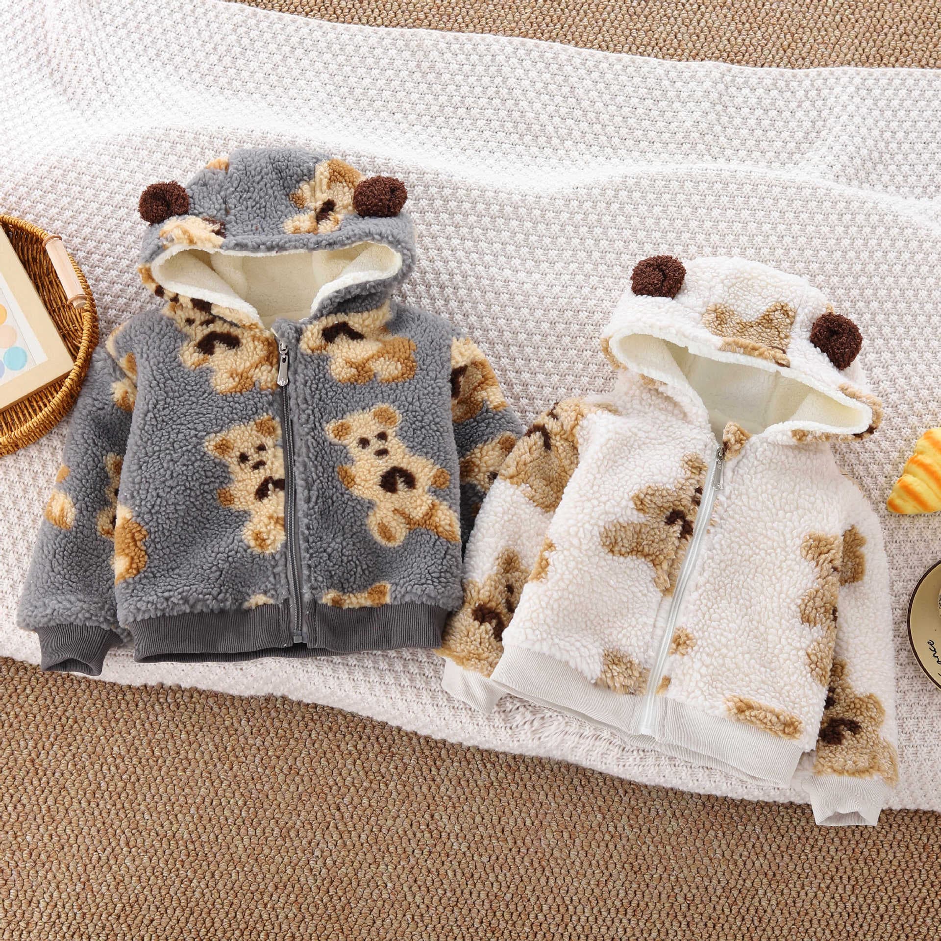 New Autumn Winter Cotton Padded Jacket for Kids, Fleece Lined Thickened Lamb Wool, Cute Cartoon Bear Head Fuzzy Coat, Thickened
