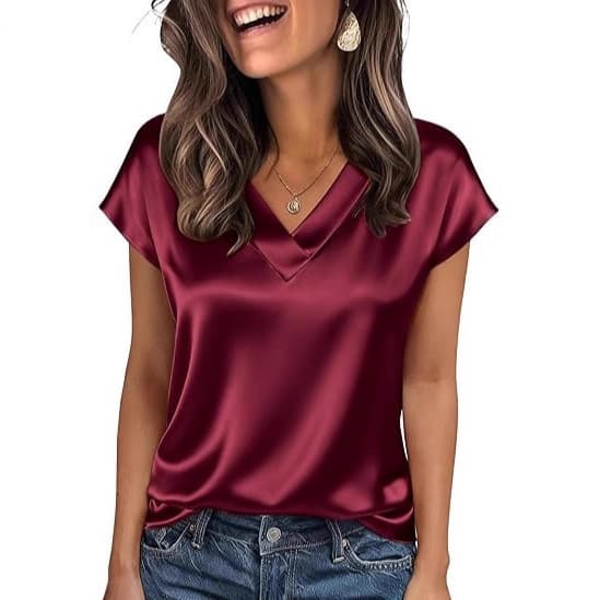 Women's Satin T-Shirt Spring Summer Amazon New Arrival Western Women's Wear Solid Color Business V-Neck Casual Pullover Top for Women